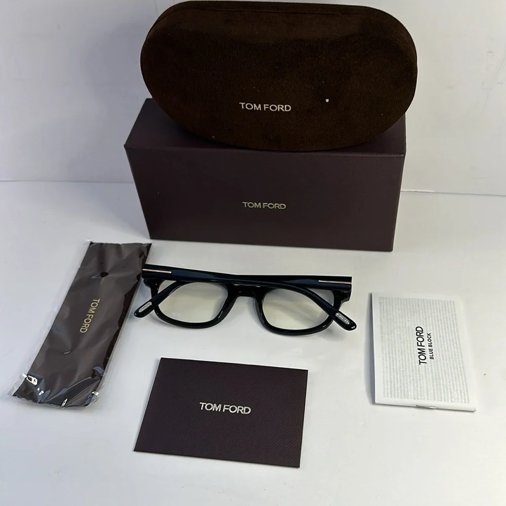 New - Authentic Tom Ford TF5808-B 001 Eyeglasses Men's Shiny Black/Blue Block …